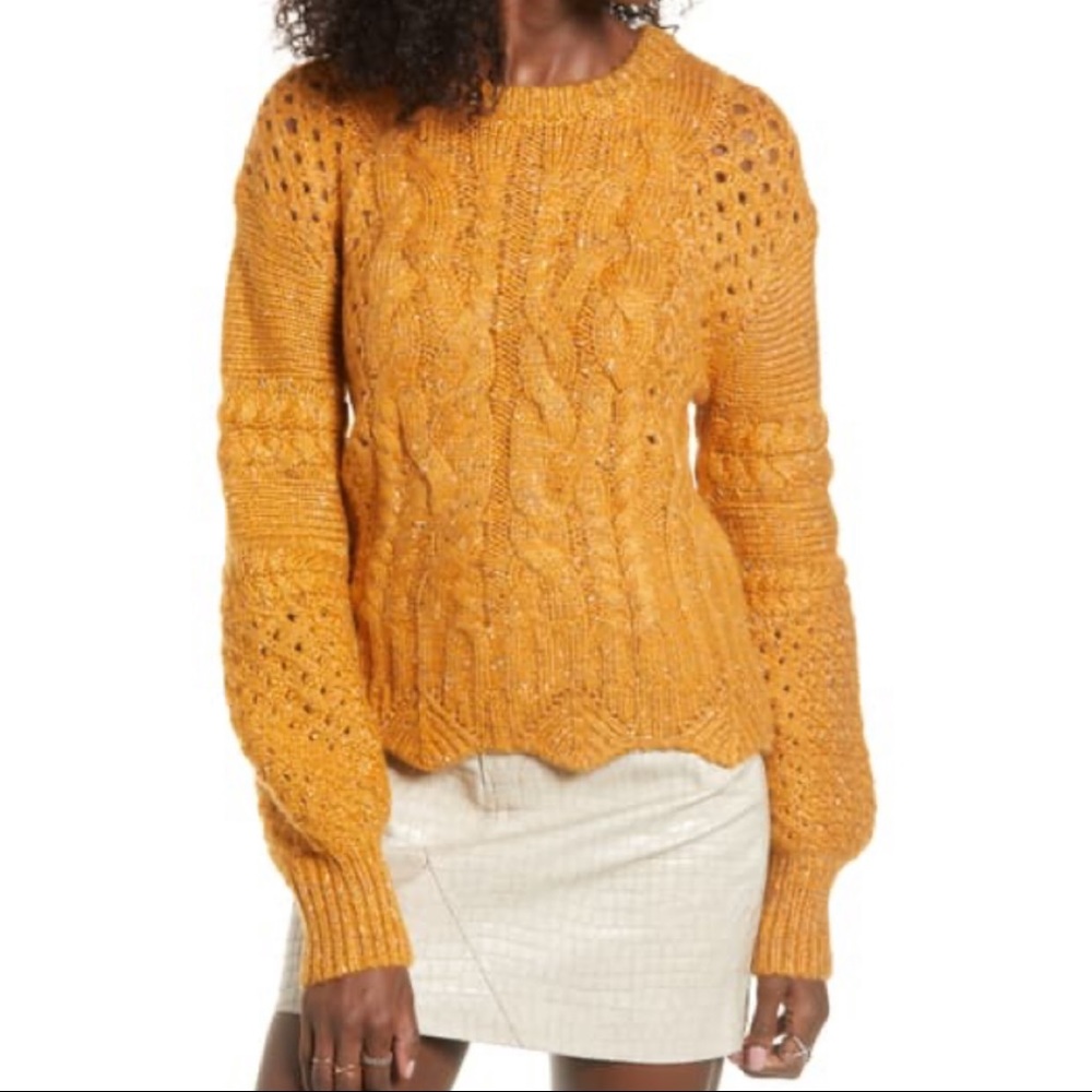 J.O.A Balloon Sleeve Cable Knit Sweater Yellow Mustard M